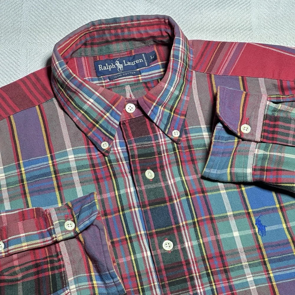 Vintage 90s Ralph‎ Lauren Mens Large Button Down Flannel Shirt Red Multi Plaid